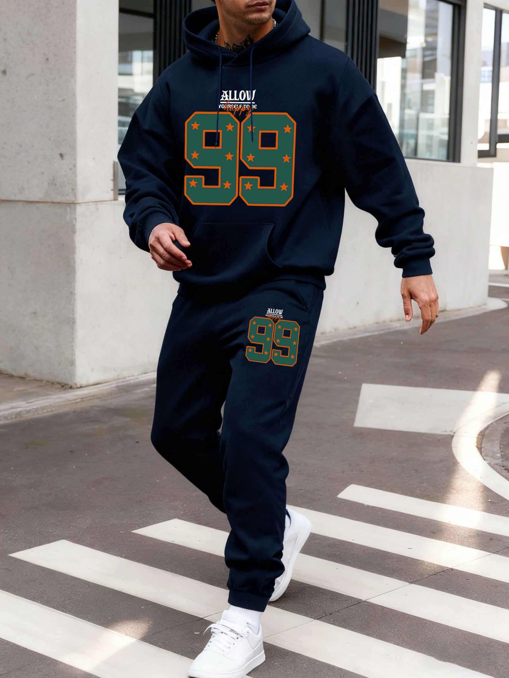 

Толстовки с креативным принтом Allow Happy Number 99, мужской костюм, универсальные свободные спортивные штаны, повседневные топы с карманами, осенний флисовый комплект из 2 предметов
