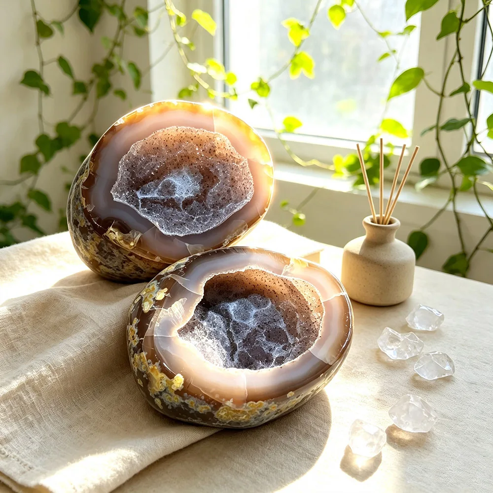 Natural Banded Agate Geode Druzy Quartz Cave, Raw Mineral Specimen for Geology Collection, Hand Polished Gift Box