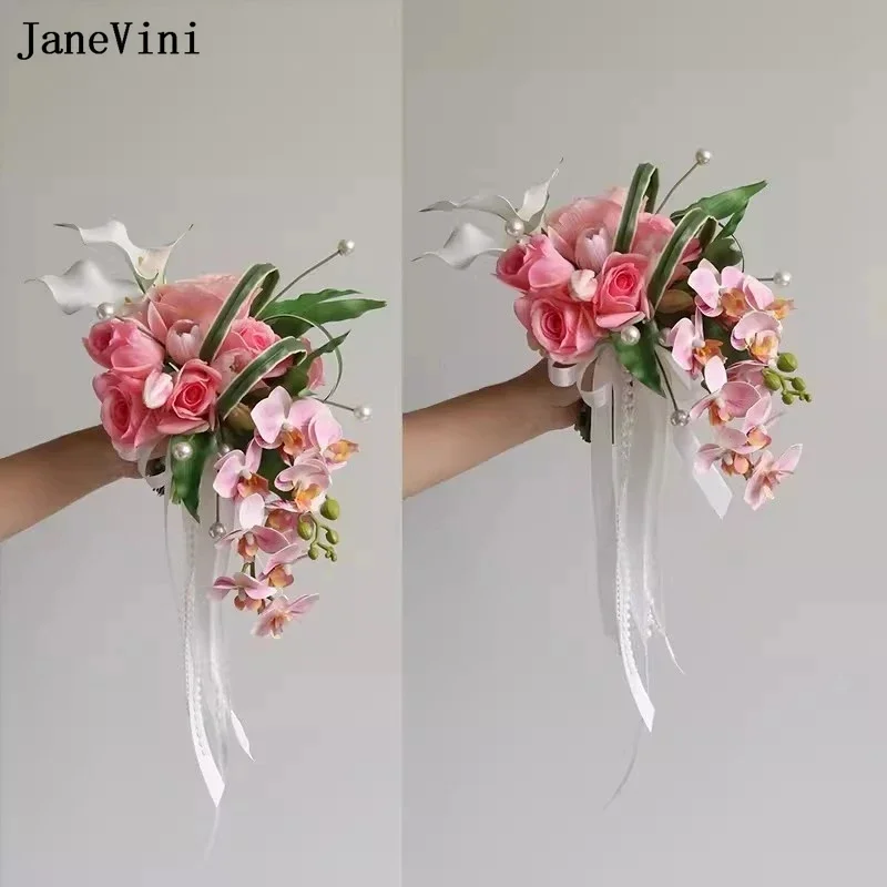 JaneVini New Pink Cascading Flowers Orchid Bridal Bouquets Artificial Water Drop Style Pearl Wedding Bride Bouquet Bruids Bouket