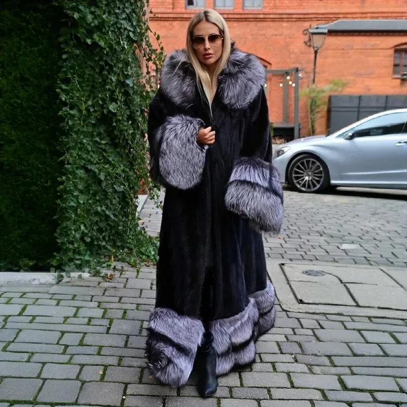 Luxury Women Real Mink Fur Coat Real Silver Fox Fur Hood Cuff Trim Overcoat Winter Thick Genuine Natural Fur Warm Long Jacket