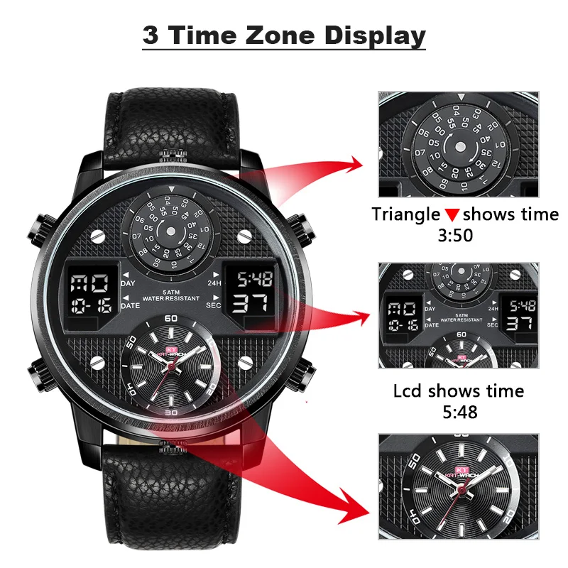 KAT-WACH Watches For Men Leather Automatic Date Quartz Clock Mens Luxury Brand Waterproof Sport Watch Men Relogios Masculino