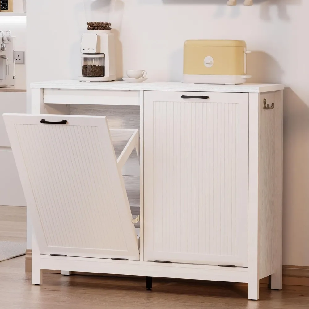

Wooden Trash Can Cabinet with Deodorising Function, Tilt Out Trash Can Cabinet 2x10 Gallon, Fluted Hidden Garbage Can Cabinet,