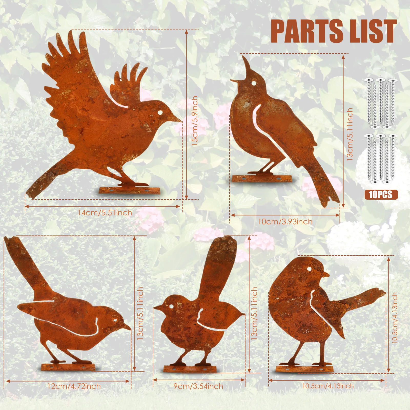 5/10/15Pcs Rusty Bird Sculpture Ornaments Garden Metal Bird Craft Statue Ornaments Suitable for Fence Old Wood Garden Ornaments