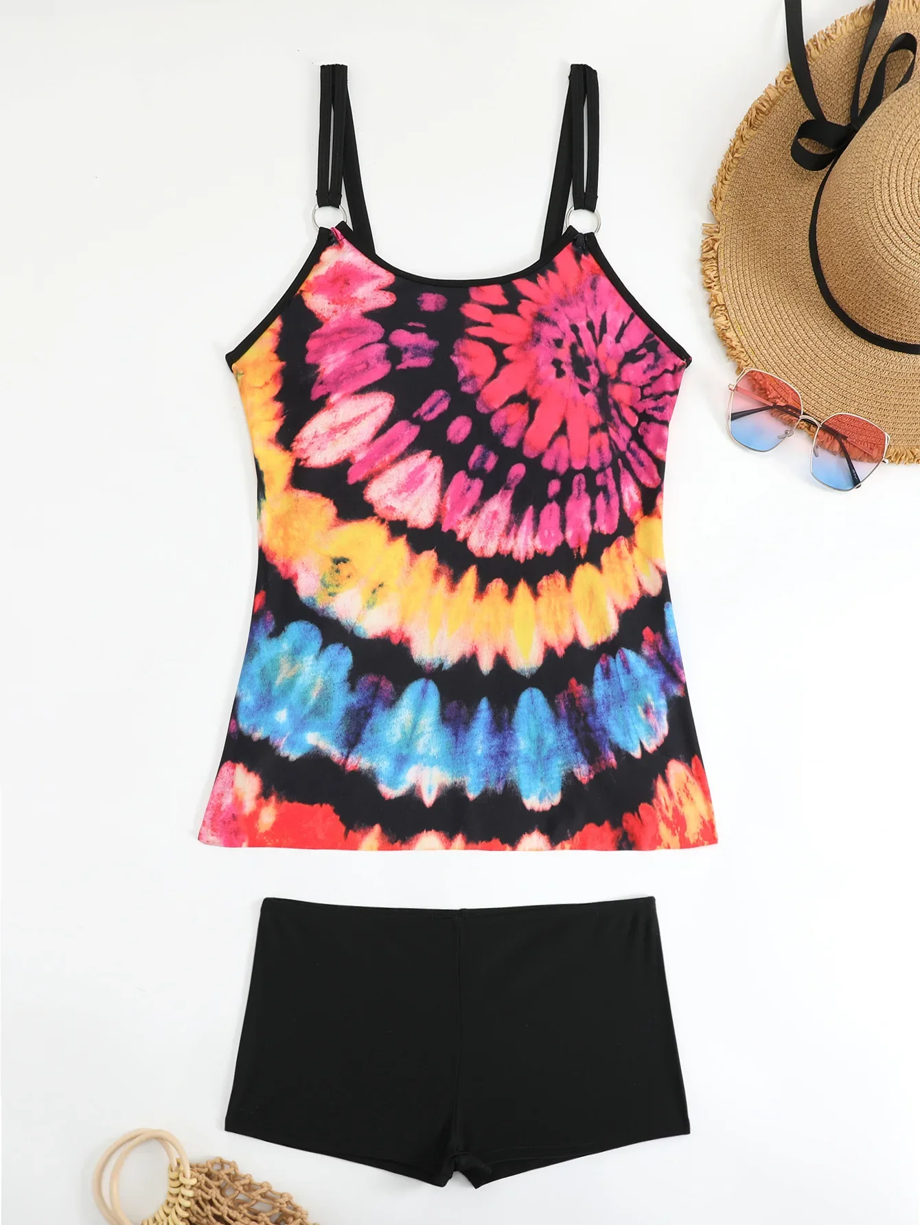 

High Waisted Swimwear Women 2025 New Two Pieces Swimsuit with Shorts Tie Dye Print Tankini Set Summer Bathing Suit Woman Trunks