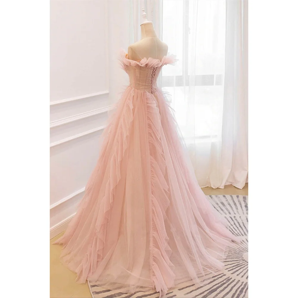 Lily Pink Tulle Charming Prom Dress Gown A-Line Formal Gown Beading Off The Shoulder Evening Gown Custom Size vestidos de noche