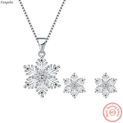 Real 925 Sterling Silver Stud Earrings Crystal Snowflake Pendant Necklace For Women Jewelry Sets FQL22054