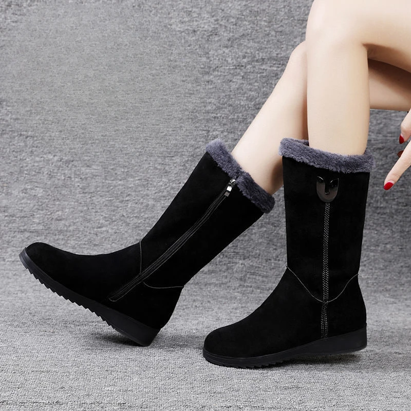 Warm High Fur Boots Women Winter Women Shoes Thick Soled Mid Calf Plush Fashion Wear Resistant Casual Snow Flat Boots
