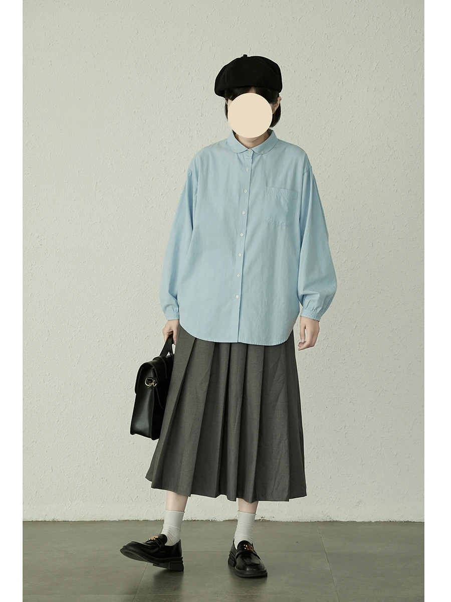 

Cotton Loose Fit Peter Pan Collar round Ne irt Sweet Japanese Sle College Preppy Design Long Sve Pure Color irt