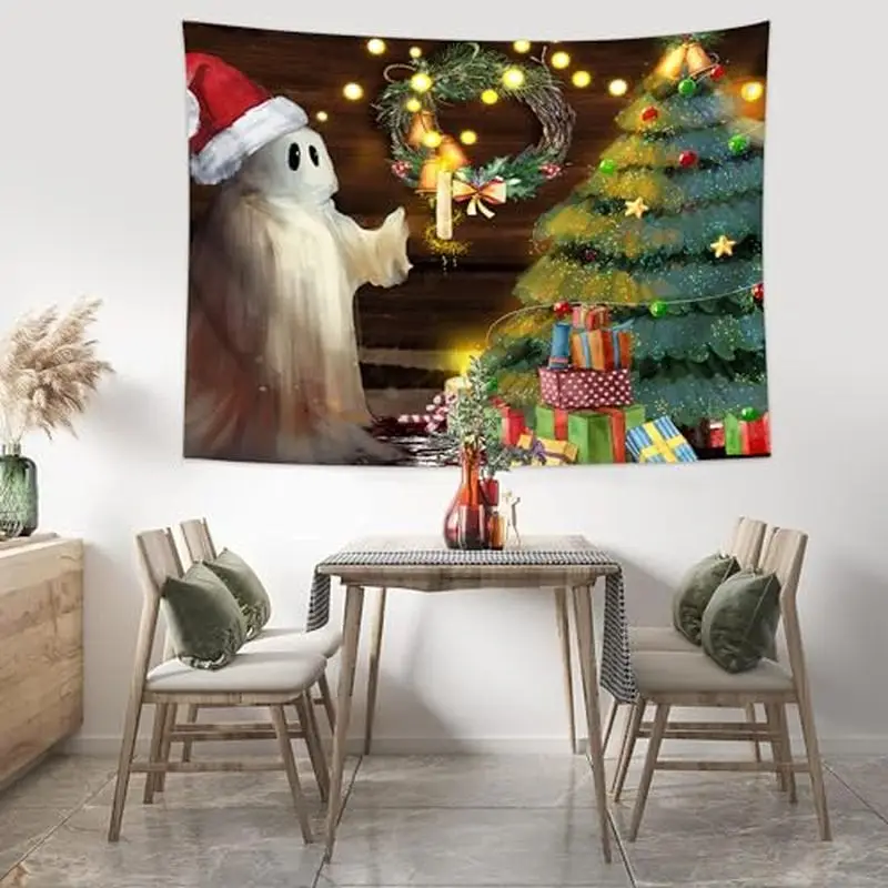VIKAMA Christmas Ghost Hat Tapestry Xmas Tree Wreath Vintage Wall Hanging Bedroom Festival Party Decor
