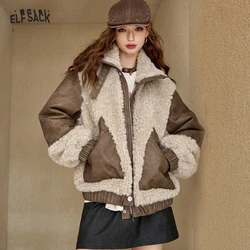 ELFSACK 2024 Autumn New Arrivals Fur patchwork vintage woolen coat for women, Fluffy Preppy Style jacket