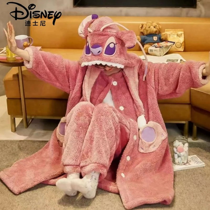 

Cute Stitch Disney Robe Stitch Hooded Nightgown Ladies Thickened Warm Women Autumn Winter Coral Fleece Casual Clothing Gift