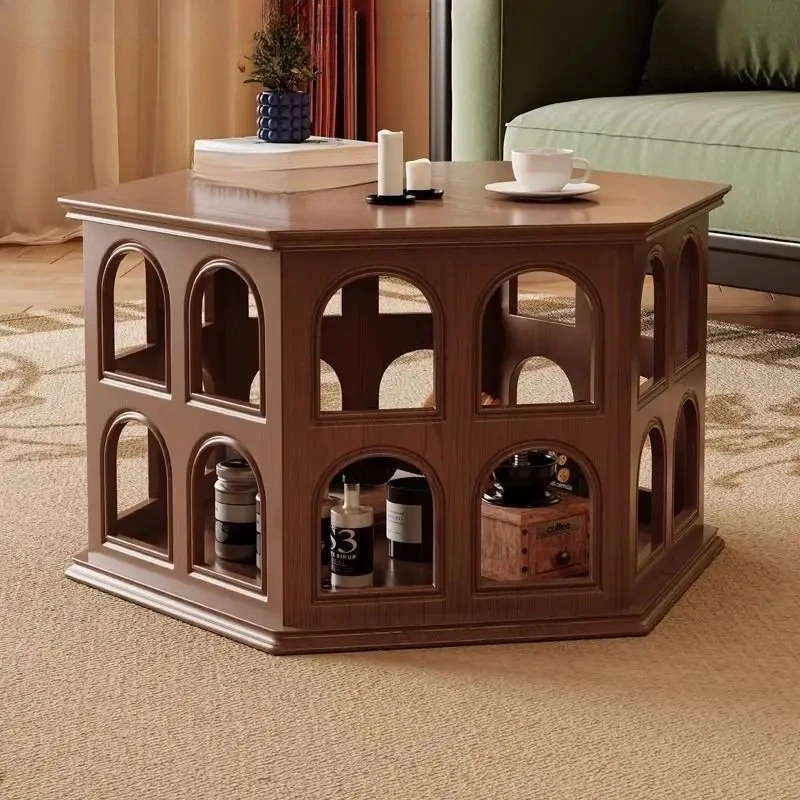 

American retro solid wood hollow living room arches next to sofa home round table display storage cabinet leisure