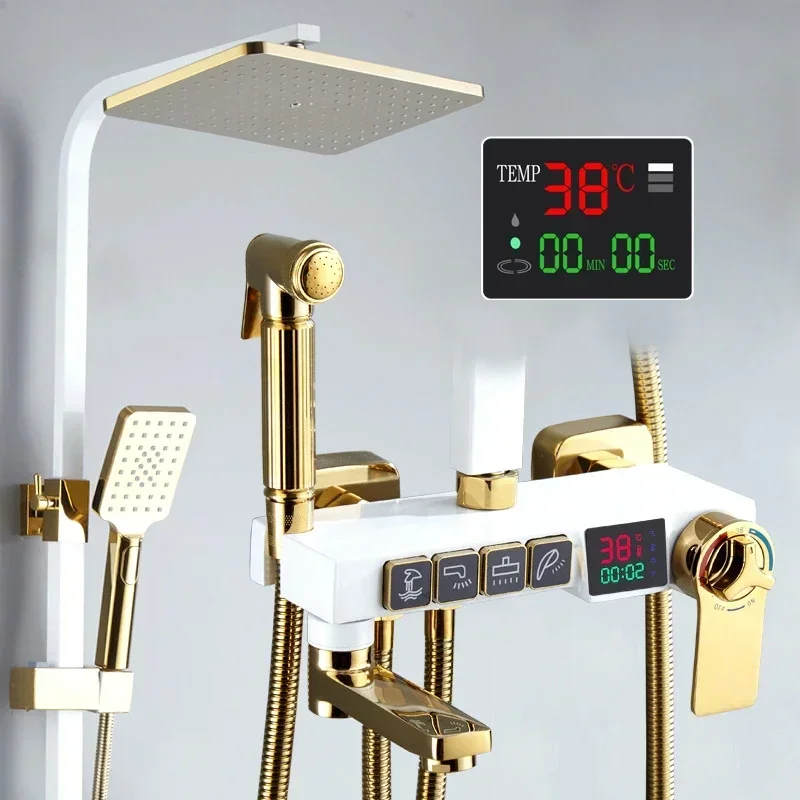 White Gold Shower Set Bathroom Smart Thermostatic Digital Shower System Bathtub SPA Rainfall Bath Tap Wall Mount Hot Cold Faucet