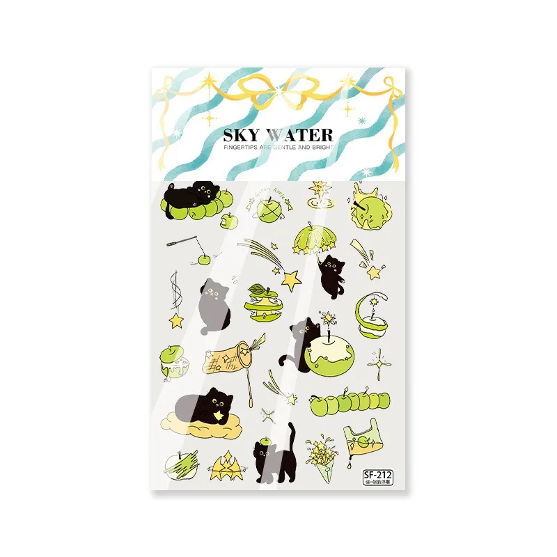 Green Apple Stars Cats Nail Stickers, 3D Embossed Cute Stereo Animal Nail Art Decals Self Adhesive Manicure Decor, Universal DIY