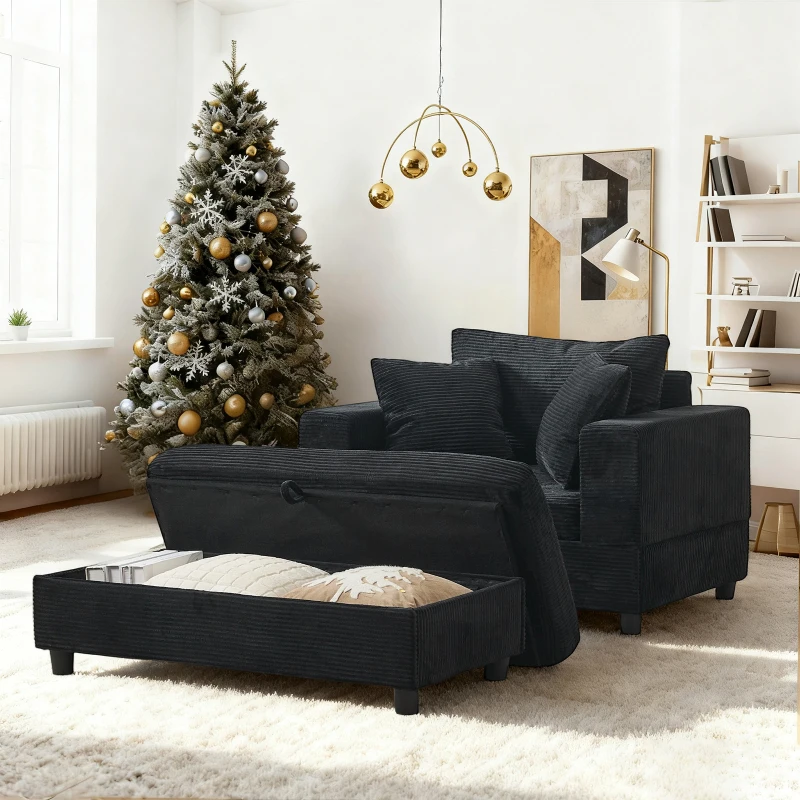 Chaise longue avec repose-pieds et rangement, canapé lounge avec 3 coussins pour salon et chambre – Noir, Canapé, Fauteuil, Canapé d'intérieur pour salon, Sièges rembourrés, Confortable et durable, Montage facile
