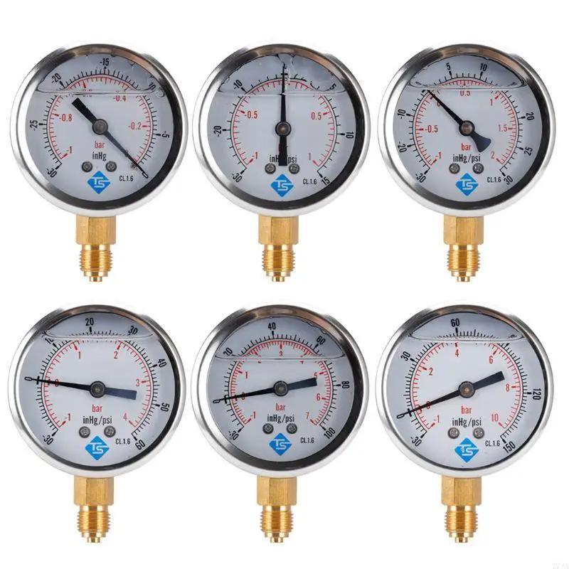 77JA 6 Types Dual Scale Liquid Filled Pressure Gauge with Brass Internals Lower Mount Connection 1/4 BSP Thread for Industry