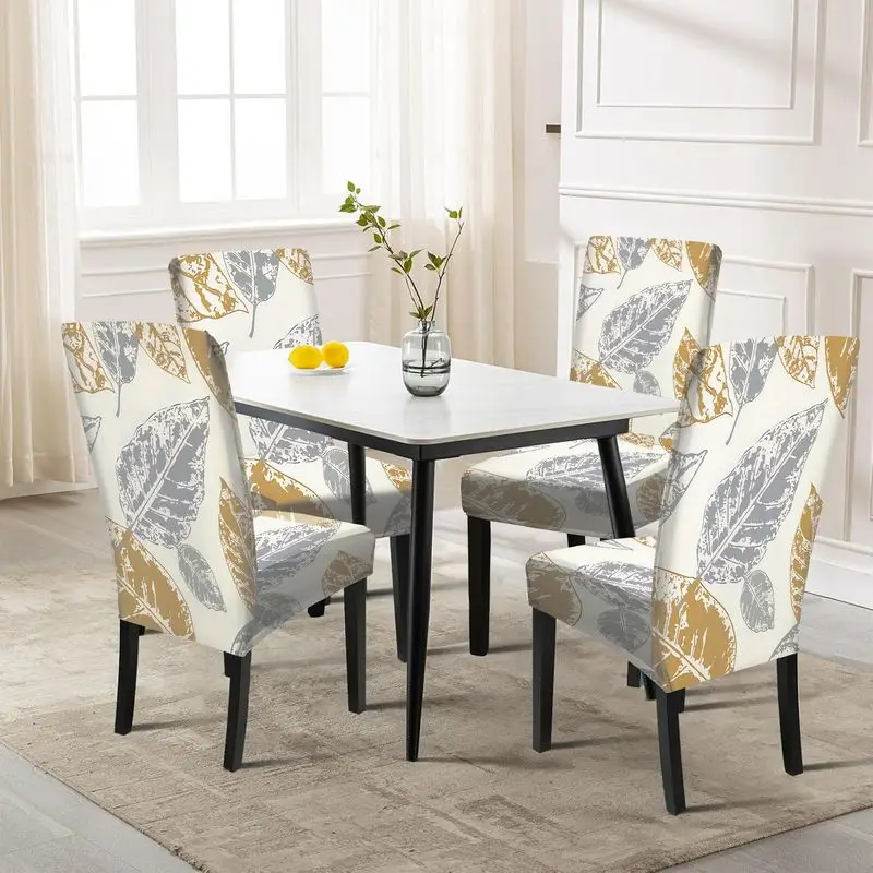 

Чехол для стула Parsons, винтажный дизайн с золотисто-коричневым и серым узором из листьев, съемный чехол для ресторанных стульев.