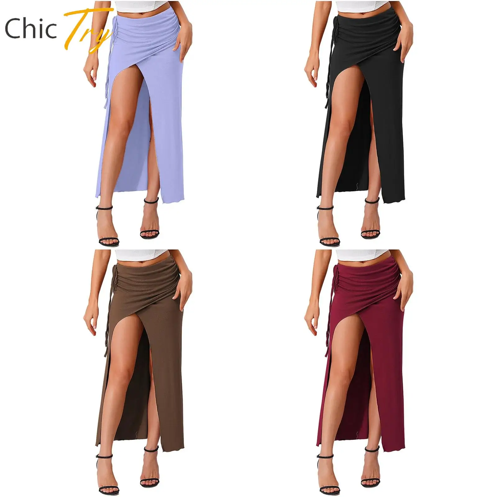 

Women Belly Dance Maxi Skirts Dance Class Performance Costumes Soft Side Drawstring And Slit Safety Shorts Ruched Bodycon Skirts