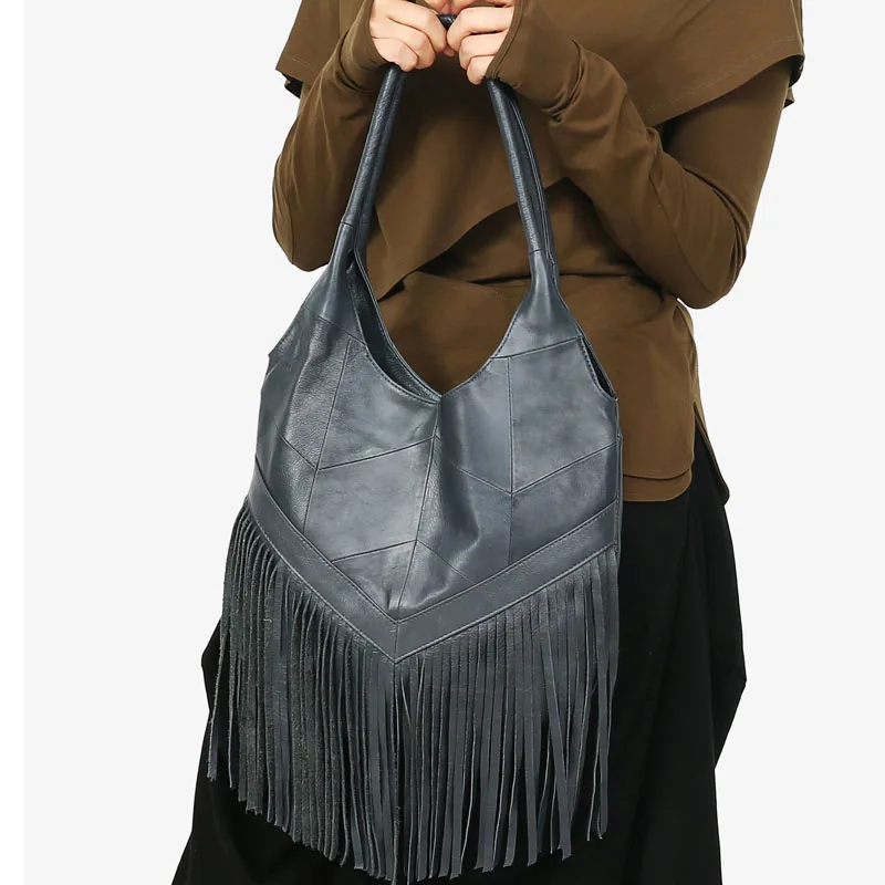 Women Fashion Designer Fringe Bag Boho Style Genuine Leather Bohemian Shoulder Bags Popular Tassels Female Hobo Underarm Handbag