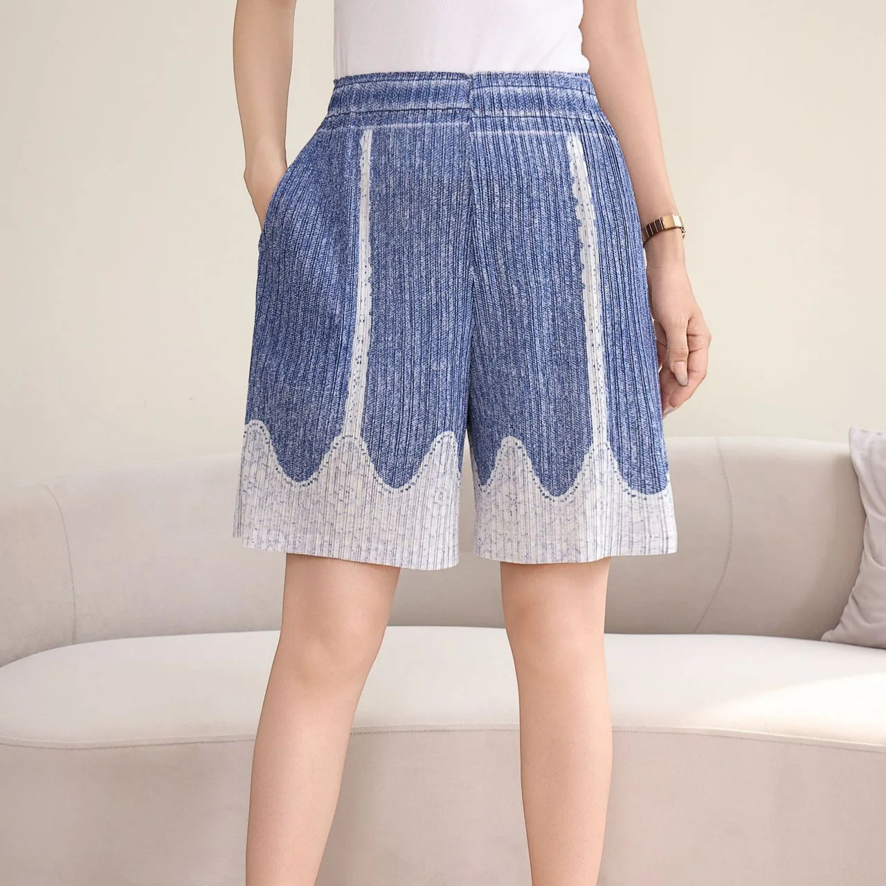 Miyake Style Pleated Wave Printed Casual Short Summer New High-waisted Loose Daily Versatile Commuting Trousers