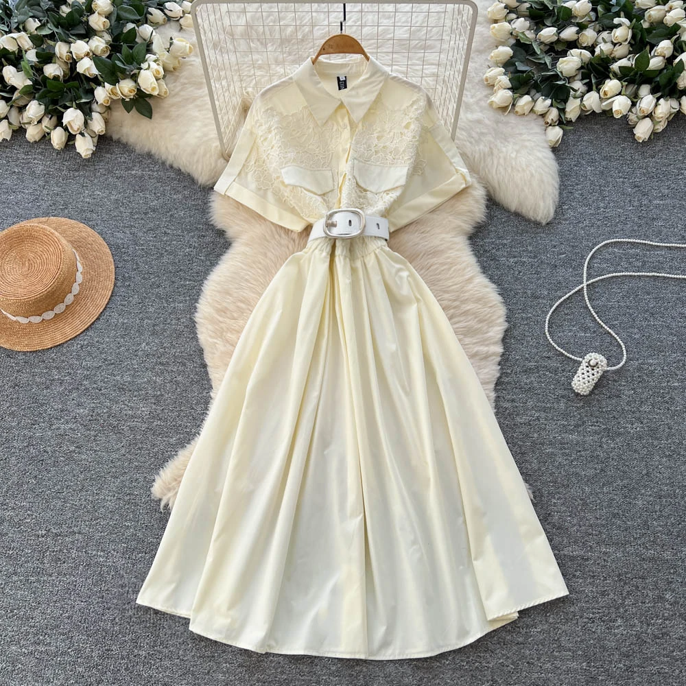 

Элегантное тонкое кружевное платье трапециевидной формы в стиле ретро с короткими рукавами, повседневное платье с высокой талией, женские церемониальные платья