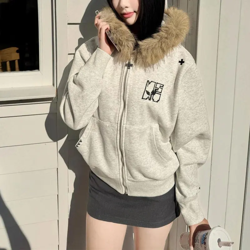 

Women's Clothing Vintage Hooded Sweatshirts High Street Letter Embroidery Autumn Winter Fleece Zipper Stylish Fur Collar Hoodies
