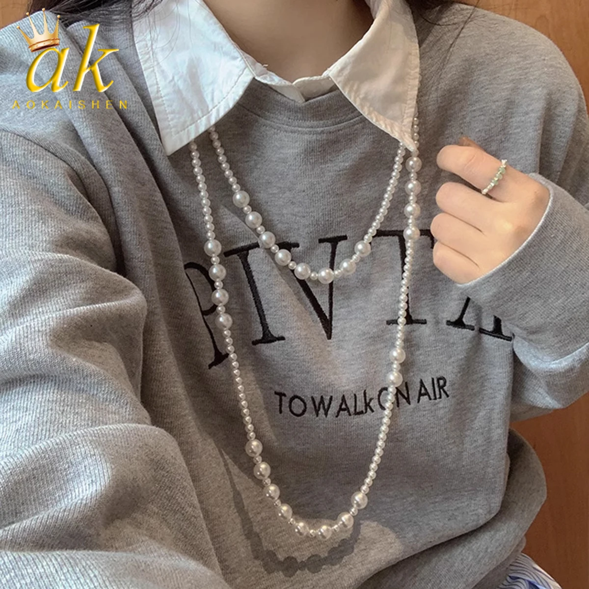 Aokaishen Multiple Layering Methods for Pearl Sweaters Chain Length Necklaces Women's Round Bright Versatile High-end Jewelry