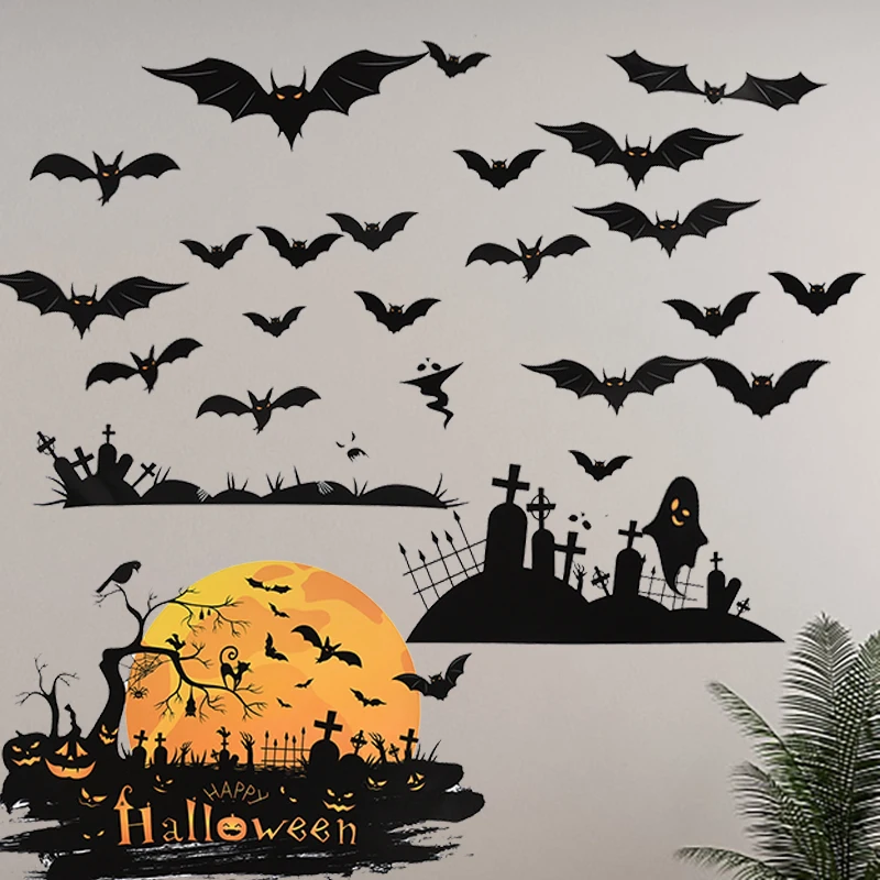 

4pcs Halloween Static PVC Glass Window Stickers Castle Pumpkin Witch Bat Ghost Stickers Halloween Party Themed Decorations