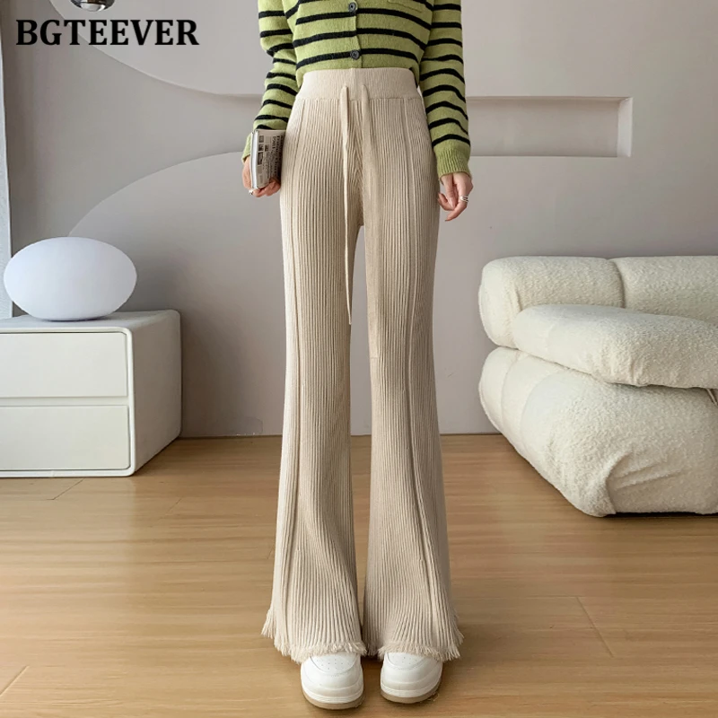 BGTEEVER Chic Fashion Autumn Winter Loose Female Tassels Knitted Wide Leg Trousers Casual High Waist Ladies Solid Sweater Pants