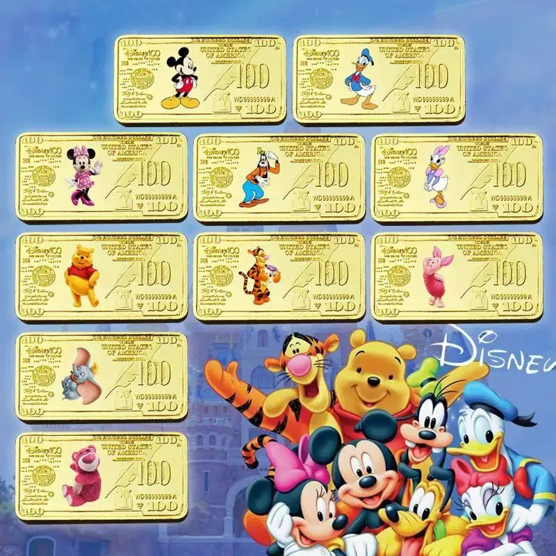 Disney 100th Anniversary Commemorative Coin Anime Mickey Mouse Winnie Bear Lotso Square Coin Gold Plated Gold Bar for Kids Gifts