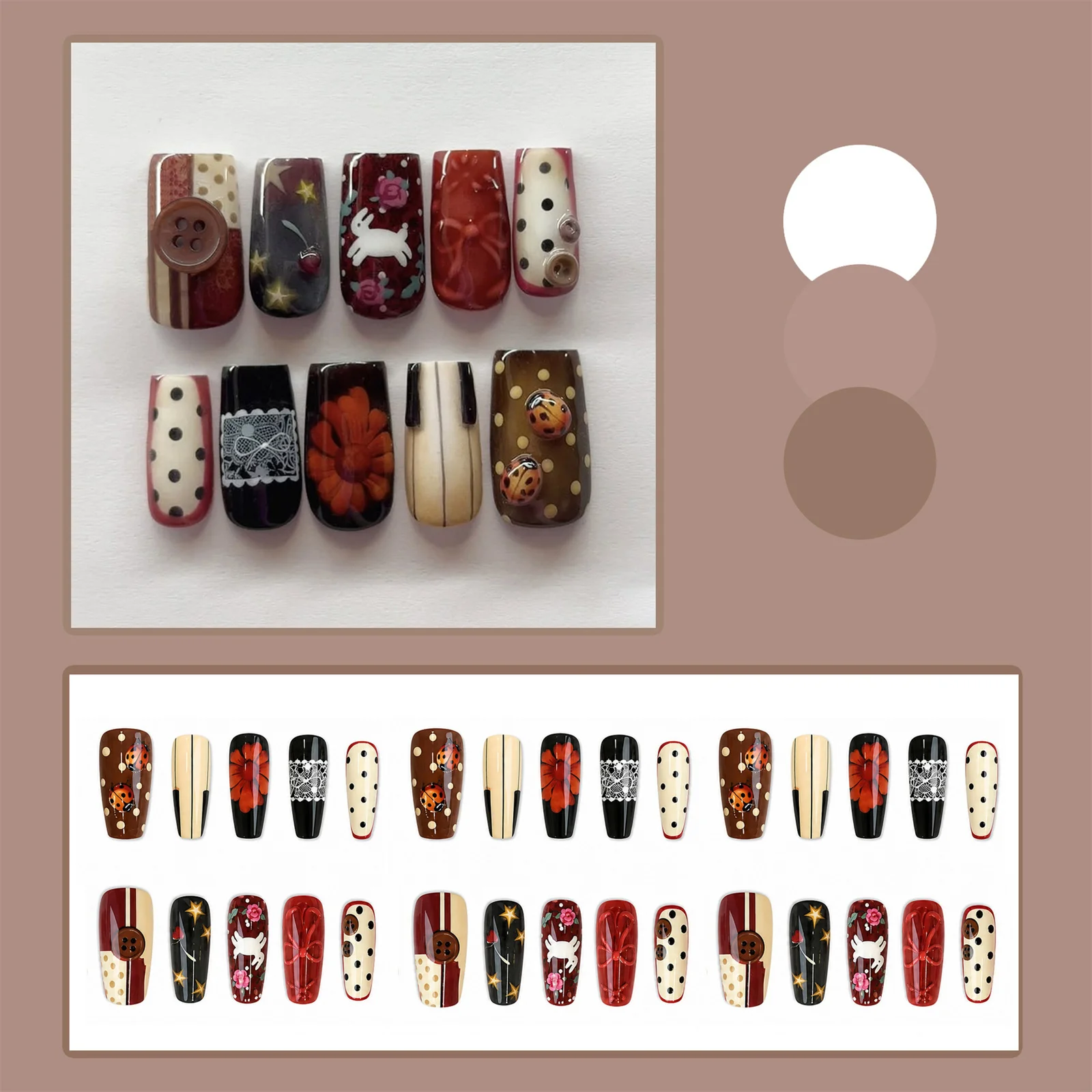 30pcs European Vintage Style Fake Nails Button Ladybug Polka Dot Rabbit Flower Designs Press On Nails Charming False Nail Tips