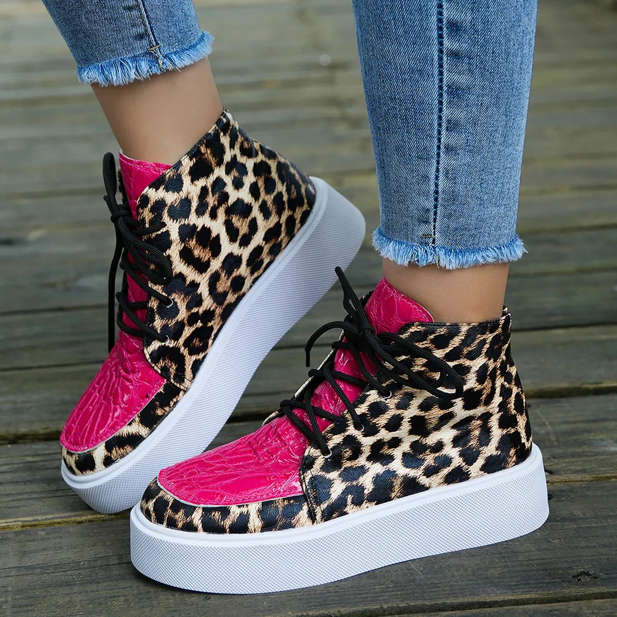 Women\'s Ankle Boots Autumn and Winter New Platform Flat Shoes Casual Color Blocking Leopard Print Heightening Sneakers