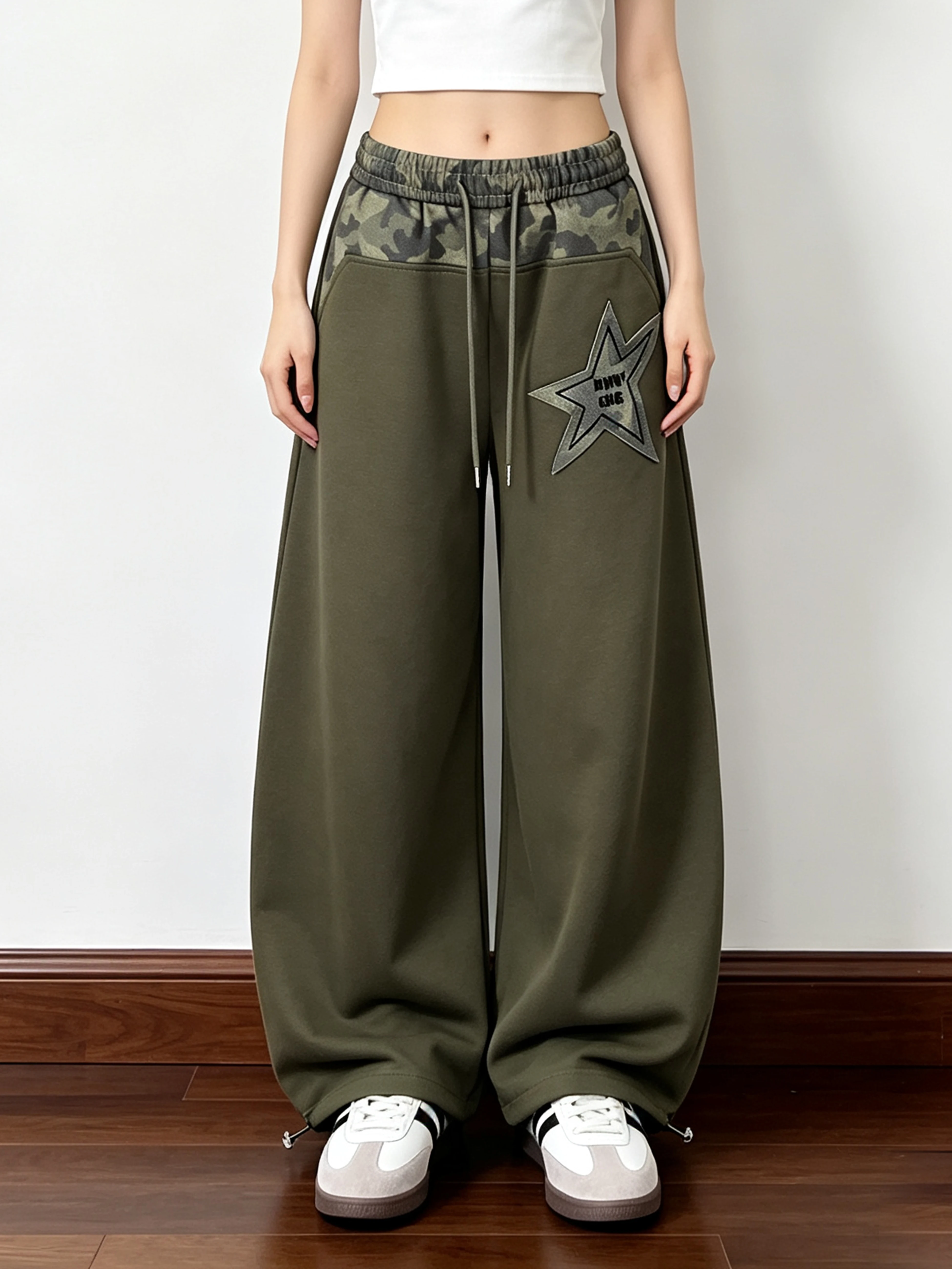 American Street Style Wide Leg Pants Women's Camouflage Patchwork Star Embroidery Drawstring Casual Trousers for Couples