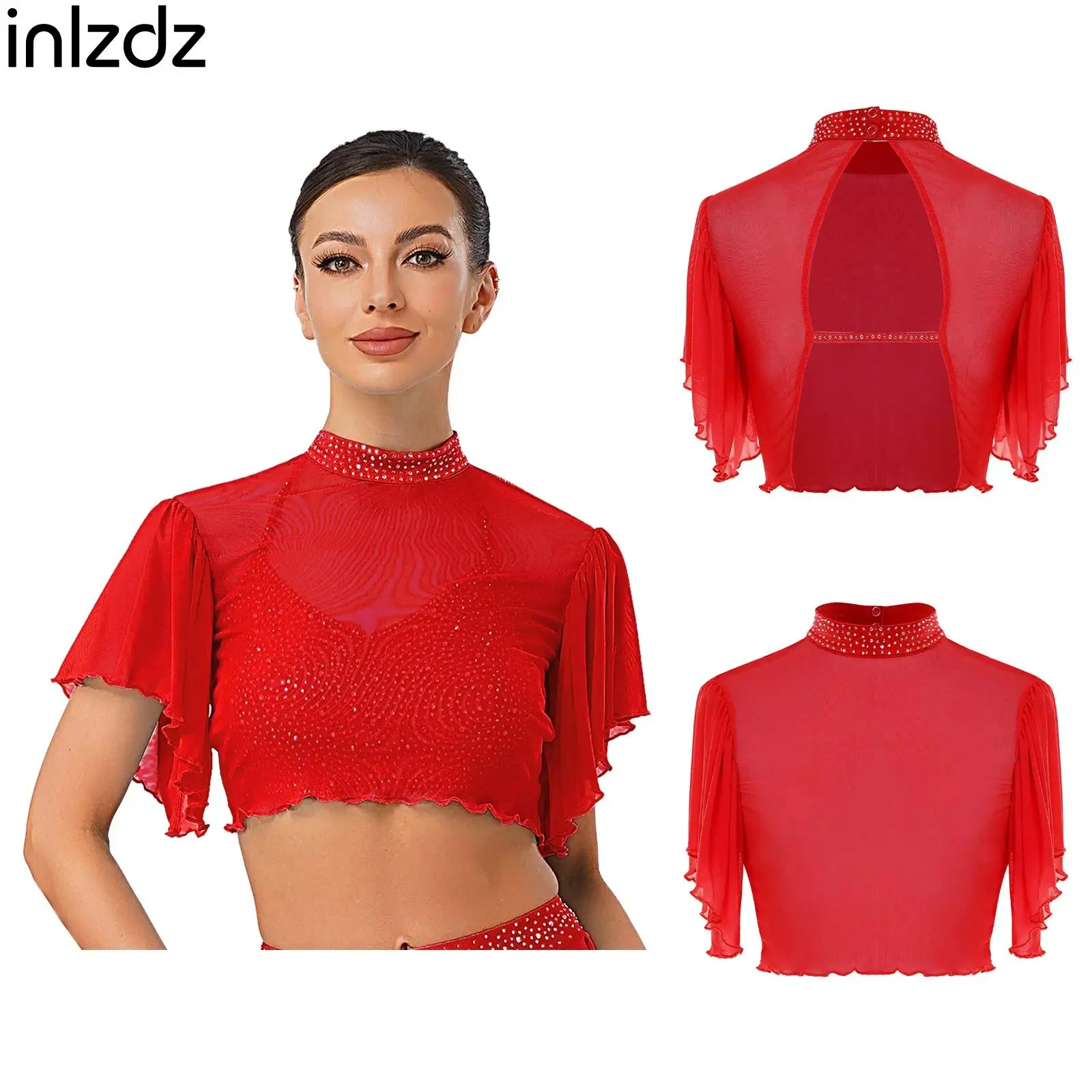 

Womens Ballet Lyrical Latin Dance Crop Cardigan Shiny Rhinestone Short Sleeve Open Back Cover Up Top for Stage Show Performance