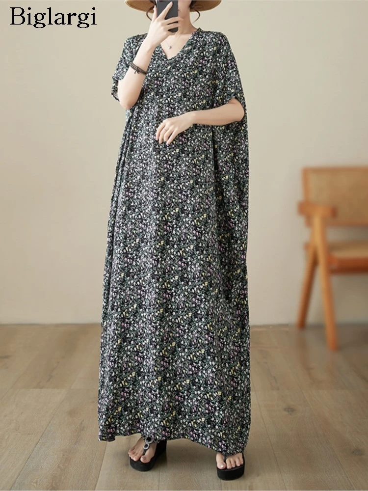 Oversized Summer Pullover V-Neck Long Dress Women Loose Ruffle Pleated Fashion Floral Print Ladies Dresses Casual Woman Dress