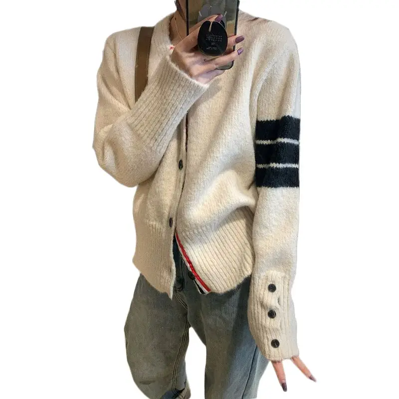 HOUZHOU Autumn Casual Vintage Knitted Cardigan V Neck Korean Fashion Patchwork Striped Button Up Black Sweater Jumper Aesthetic