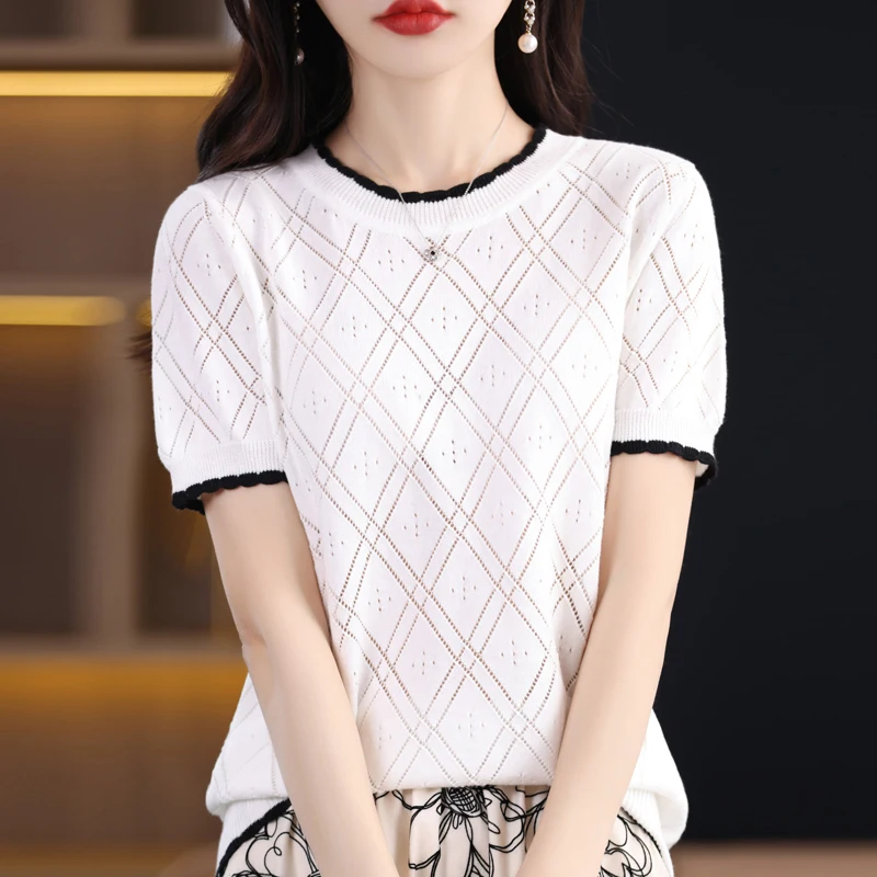 ZOCEPT Summer New Women\'s 100% Cotton Casual Colored Round Neck Knitted Short Sleeve Tees Loose Fit Korean Tops T-Shirts 2024