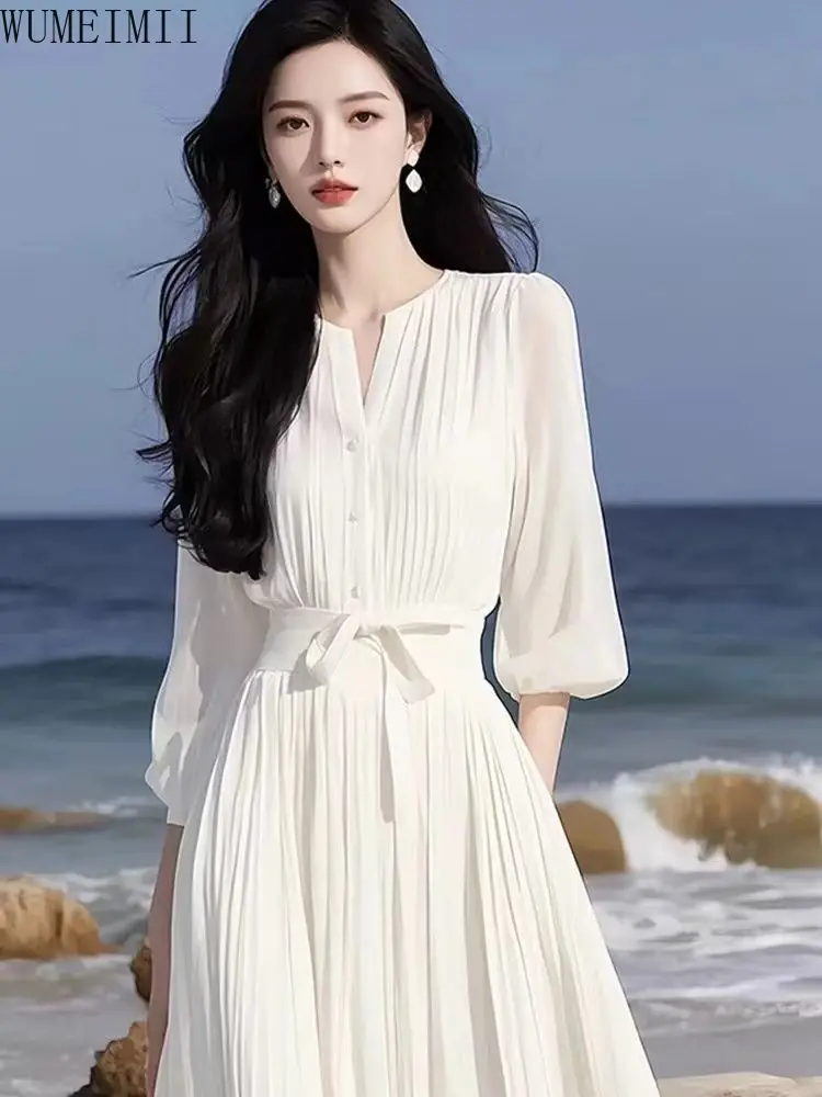 Spring and Summer French Celebrity  Generous Decent Gentle Wind White Chiffon Simple Dress