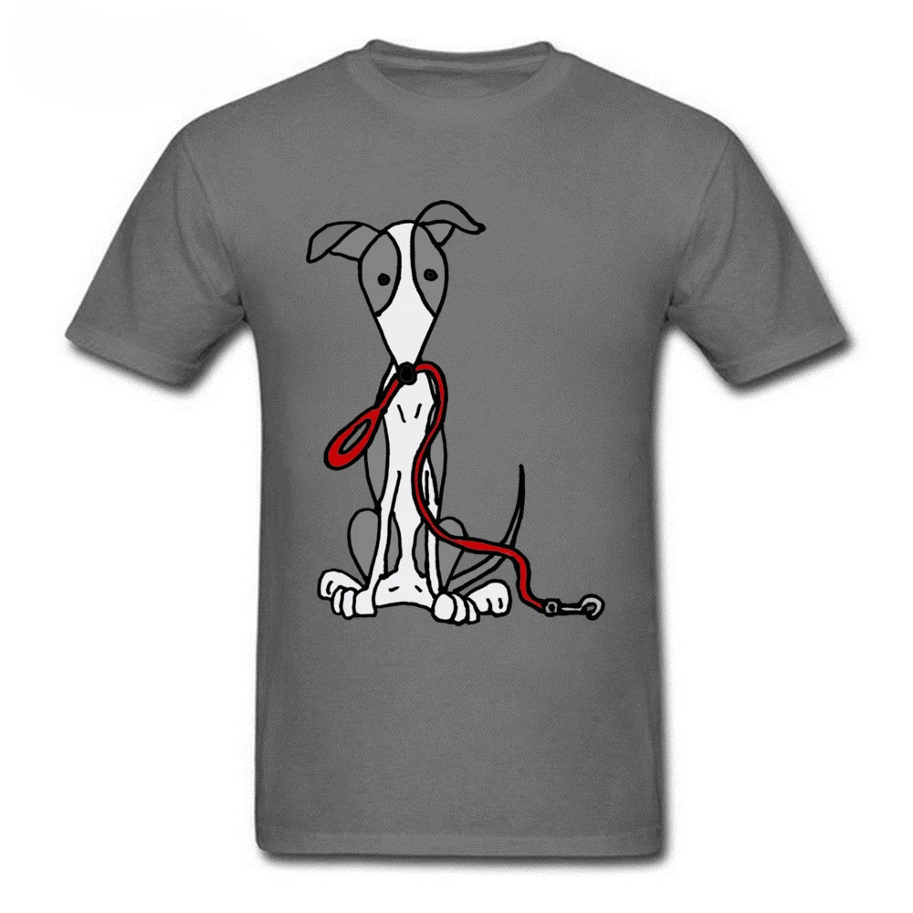 Funny Men's T Shirt Dark Grey T-shirts 100% Cotton Clothes Greyhound Dog With Red Leash Cartoon Tops Tees Summer Fall Tshirt