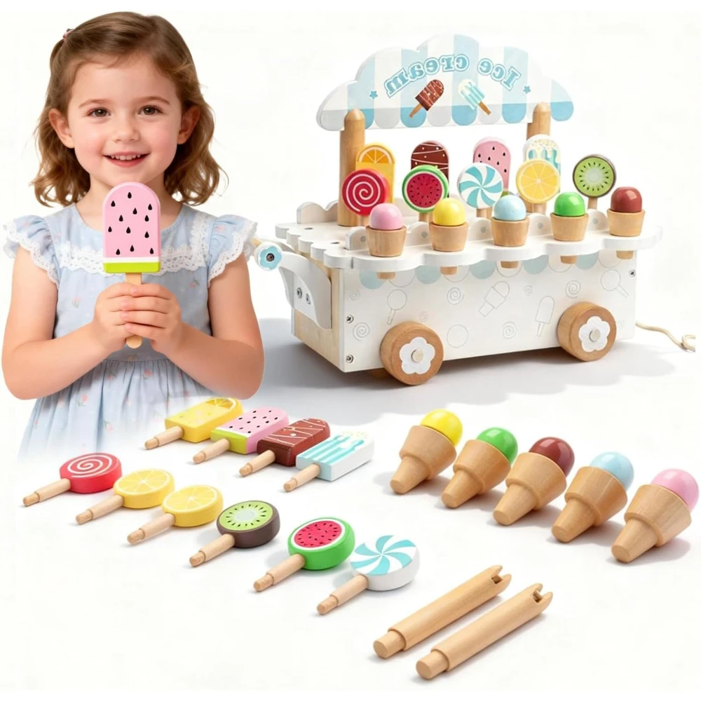 18Pcs Wooden Ice Cream Cart Playset, pretend popsicle candy toys, role play birthday gifts for boys & girls above 3 years old