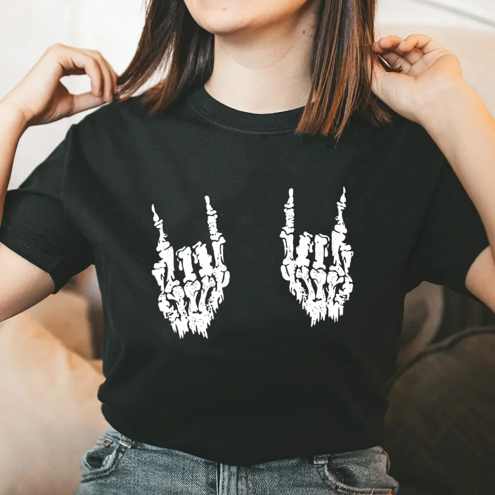 Plus Size Skeleton Hand Print Harajuku Funny Women T Shirt 2024 Summer Round Neck Y2K 90s Oversized Graphic Streetwear