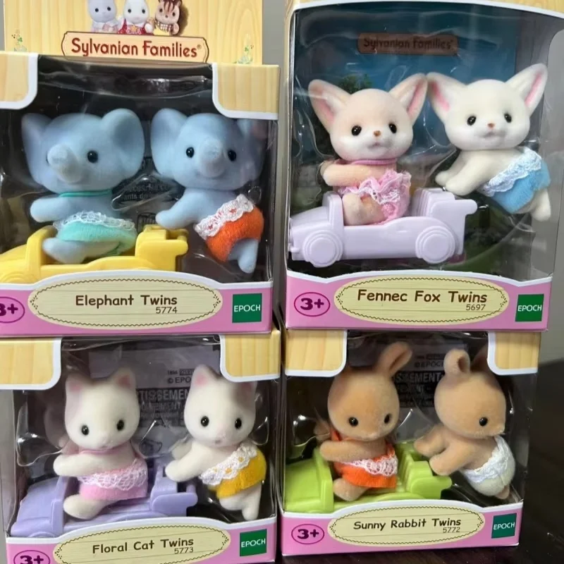 Sylvanian famílias gêmeos série anime figura elefante maple leaf gato manchado veado veado cenário bonecas para crianças presentes de aniversário