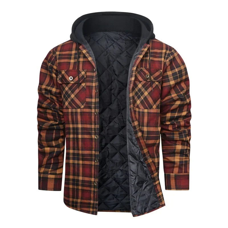 

2023 New Men's Coat Autumn/Winter Thick Plaid Loose Shirt Long Sleeve Loose Hooded Jacket