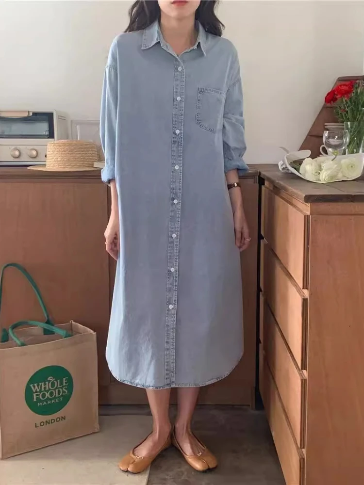 New in Spring Summer Women Casual Shirt Dress Loose Long Sleeve Cardigan Dress Korea Ladies POLO Collar Denim Shirt Long Dresses