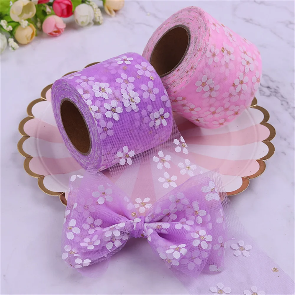 

Plum Bossom Ribbon Roll Flower Printing Mesh Fabric DIY Handmade Craft Hair Ornament Gift Wrapping Sewing Clothes 6cm 25Yards