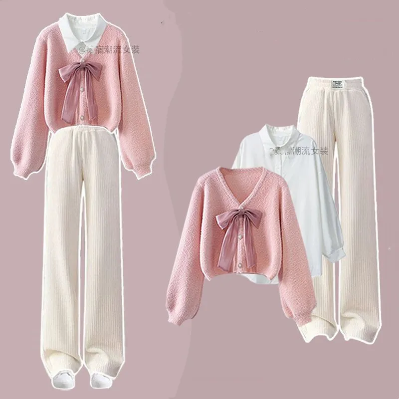 2024 Autumn/Winter Women\'s Set Bow Sweater+Fashion Shirt+Casual Wide Leg Pants 3-Piece Set Trendy