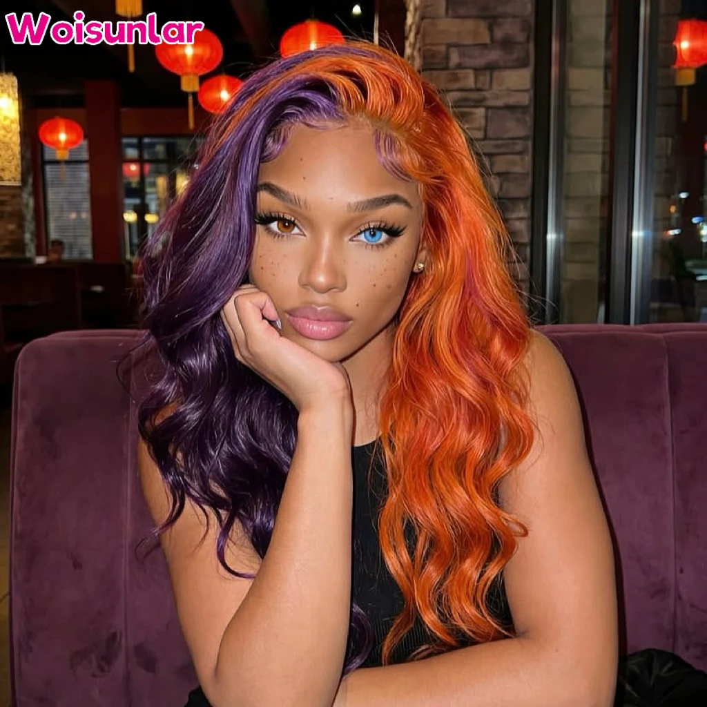 36 Inches Half Orange and Half Purple Lace Front Human Hair Wigs Body Wave Black Women13x4 Transparent Lace Natural Human Hair
