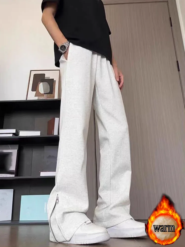 Spodnie unisex w stylu koreańskim na jesień i zimę z bocznym zamkiem błyskawicznym, szerokie nogawki, długie spodnie, ocieplane polarem i pogrubione, nowe, codzienne, wygodne, uniwersalne spodnie dresowe.