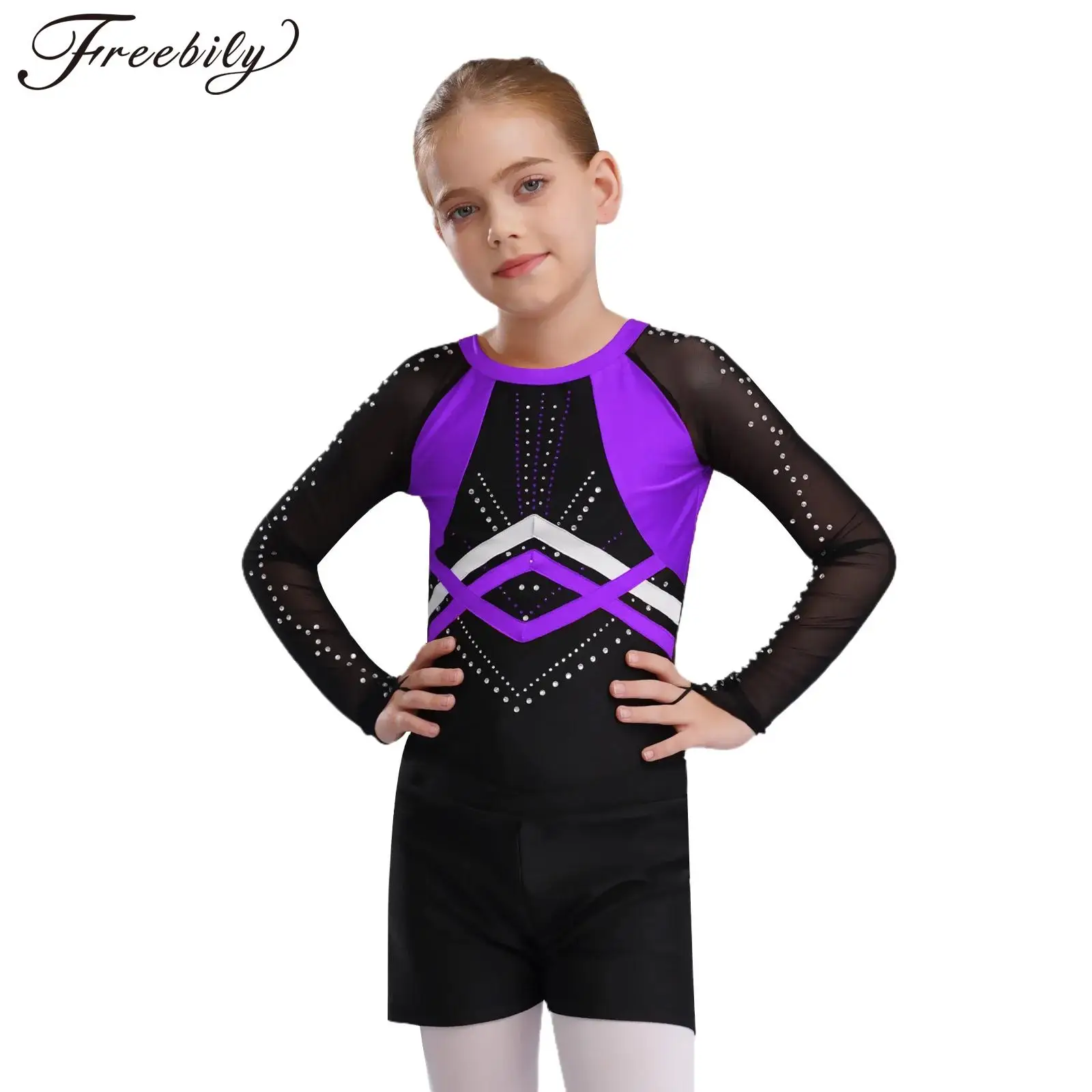 

Girls Shiny Rhinestones Gymnastics Leotard with Shorts Children Ballet Dance Figure Skating Yoga Workout Performance Costume