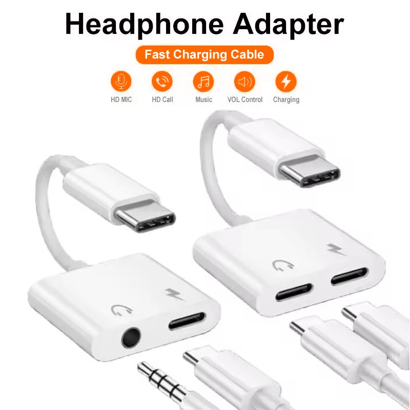 2-IN-1 Type-C to 3.5mm & PD Fast Charging Adapter, Dual Audio/Charge Port - Compatible for iPhone 17 for Samsung Xiaomi Huawei